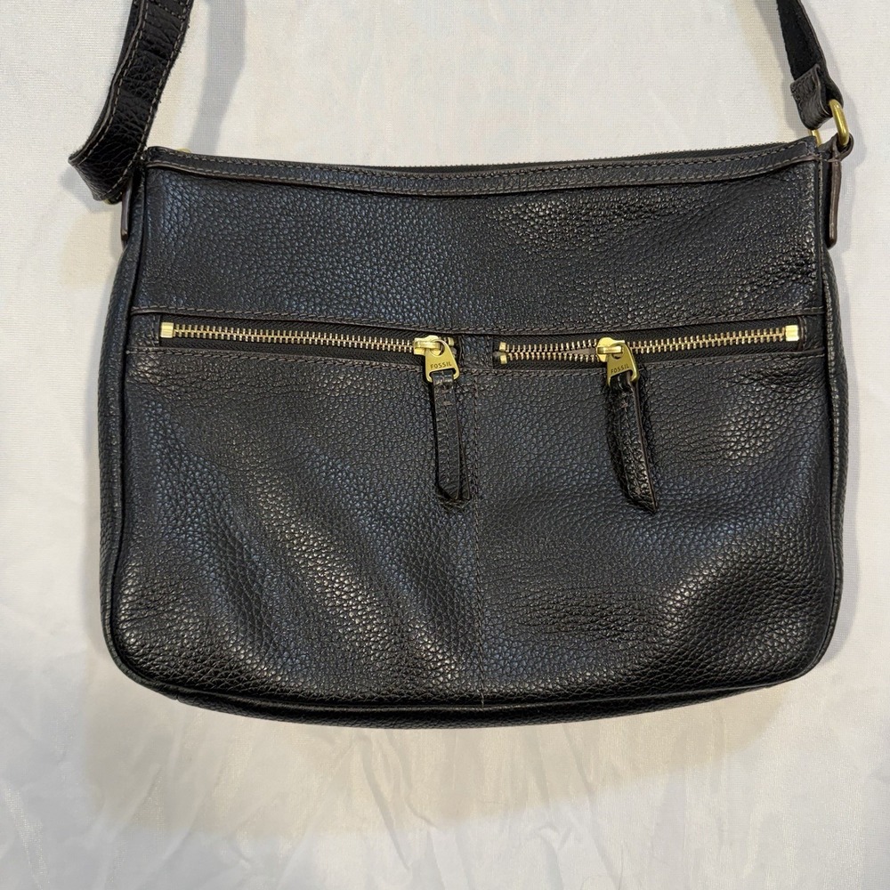 Fossil Elise Black Pebbled Leather Crossbody Bag Double Zip Purse Travel